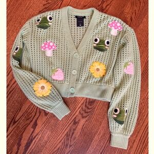 Frog Mushroom Strawberry Crop Cardigan Sweater Size Small